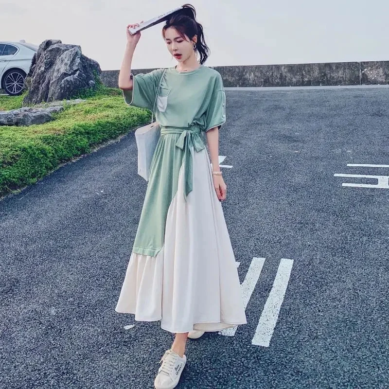 Women Summer New Niche Design Sense Short-sleeved A-line Dress Female Waist Collection Slim Temperament Grandiflorum Long Dress