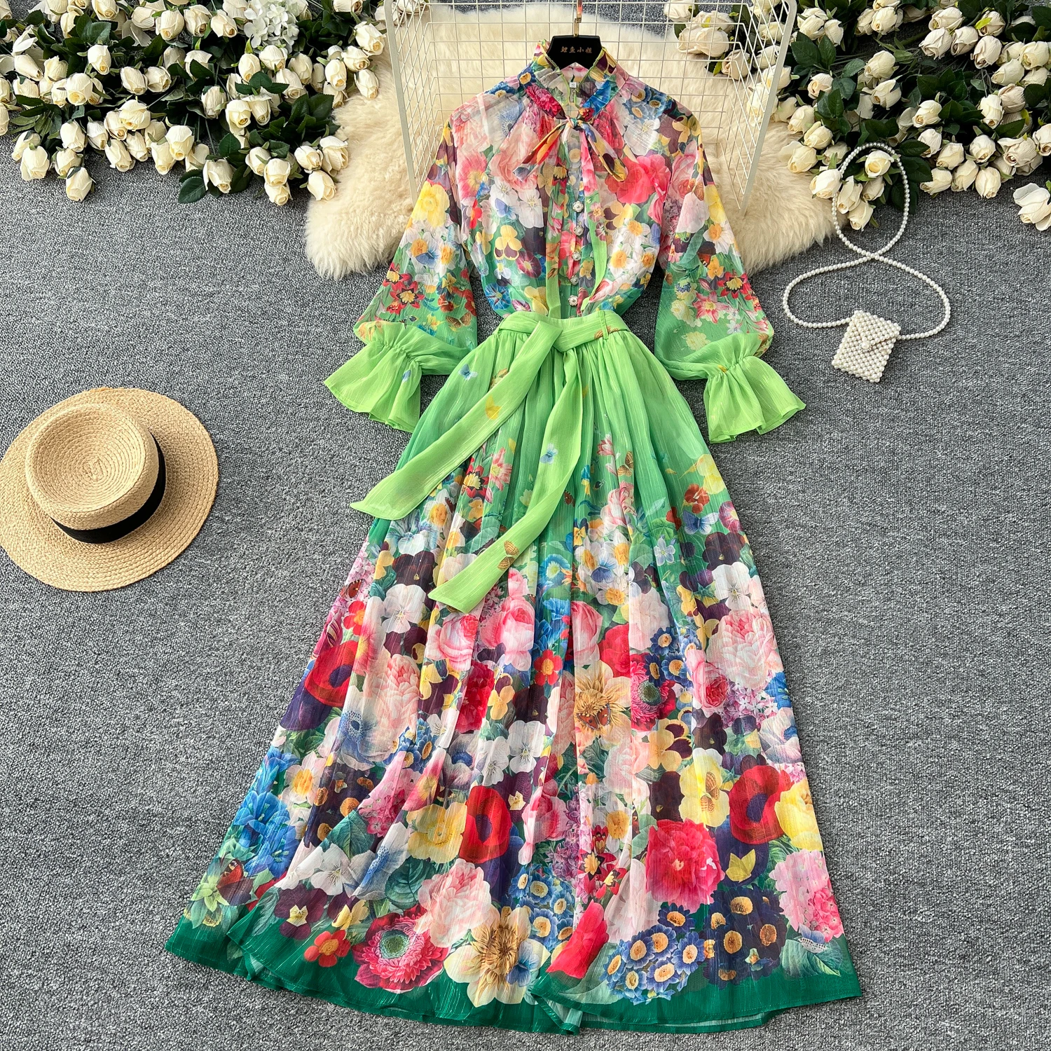 

Chic Elastic chiffon print Dress Two Piece Set O Neck Women Elegant Korean Fashion Vestidos Summer Slim