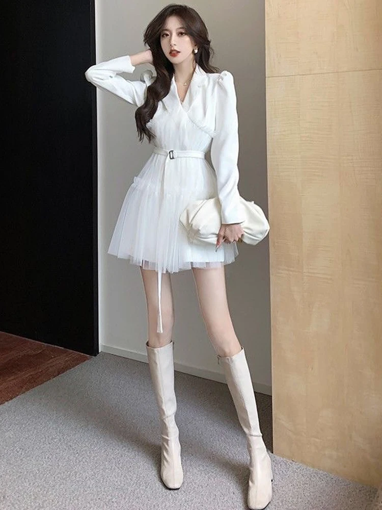 Female dress White suit A-line dress V-neck spliced office suit mini dresses elegant women midi dresses high quality women suit