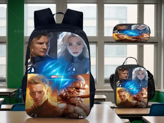 

Fantastic Four Kid Rucksack with Pencil Box,Thermal Bag 3 in 1 Set,Classic Lightweight Bookbag Wear Proof School Backpack