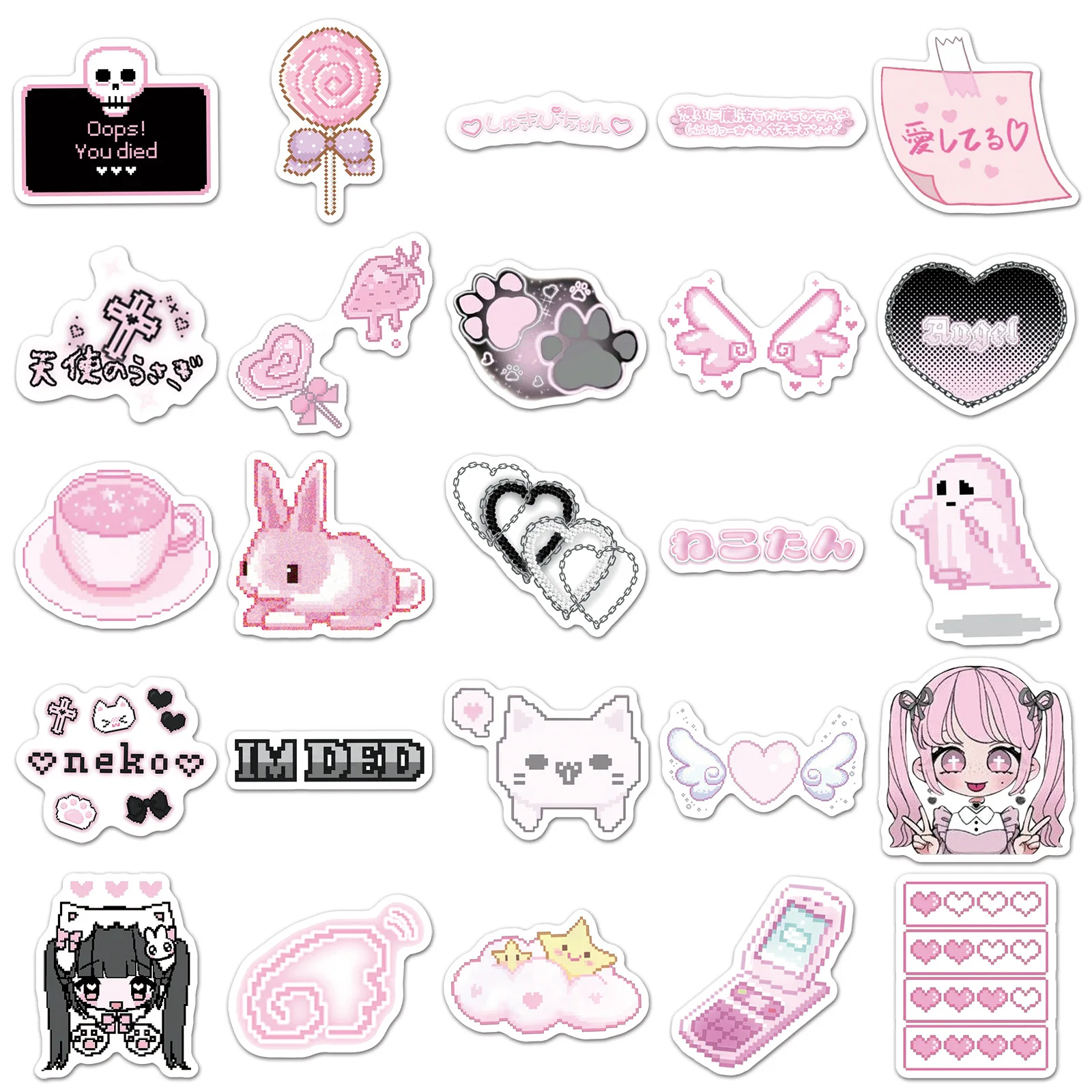 50PCS Pink Pixel Style Waterproof Japanese Girl Cute Object Stickers DIY Notebook Guitar Suitcase Mobile Water Cup Toys Graffiti