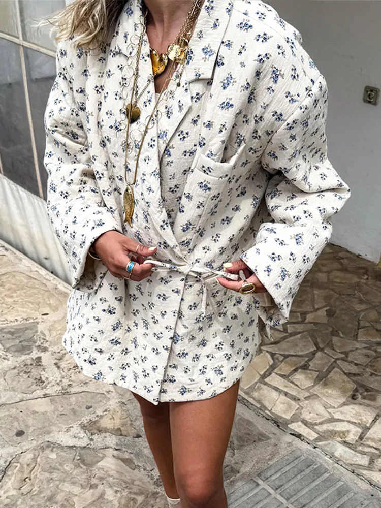 

Chic Floral Printed Cardigan Elegant Lace up White Women's Loose Coat Jacket Autumn Warm Fashion 2025 New Ladies Coats Outerwear