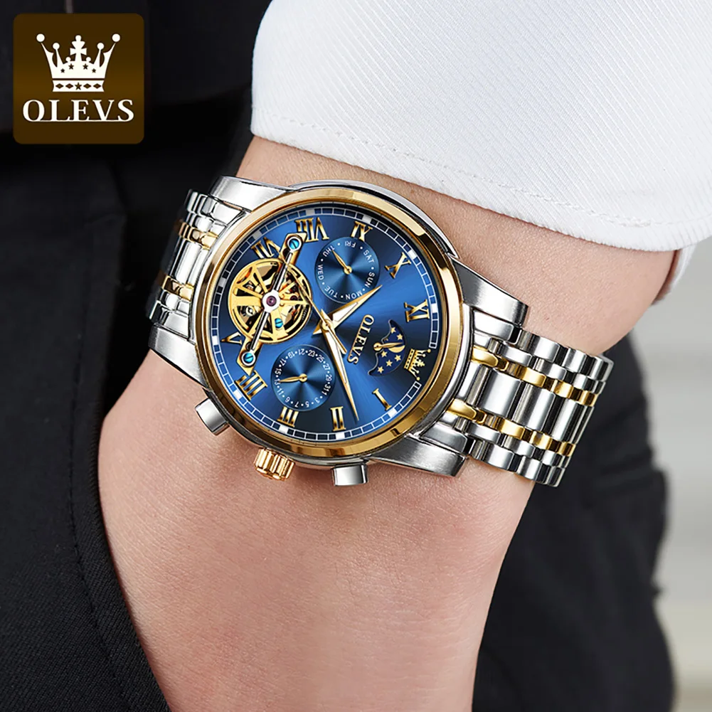 OLEVS 6617 Original Men Watch Luxury Skeleton Hollow Flywheel Automatic Watch for Men Calendar Waterproof Moon Phase Wristwatch