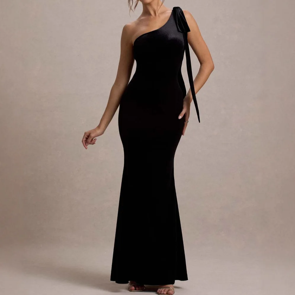 

FIGOHR Summer Women's Sexy Black One-Shoulder Long Dress Female Elegant Solid Skinny Mermaid Dress