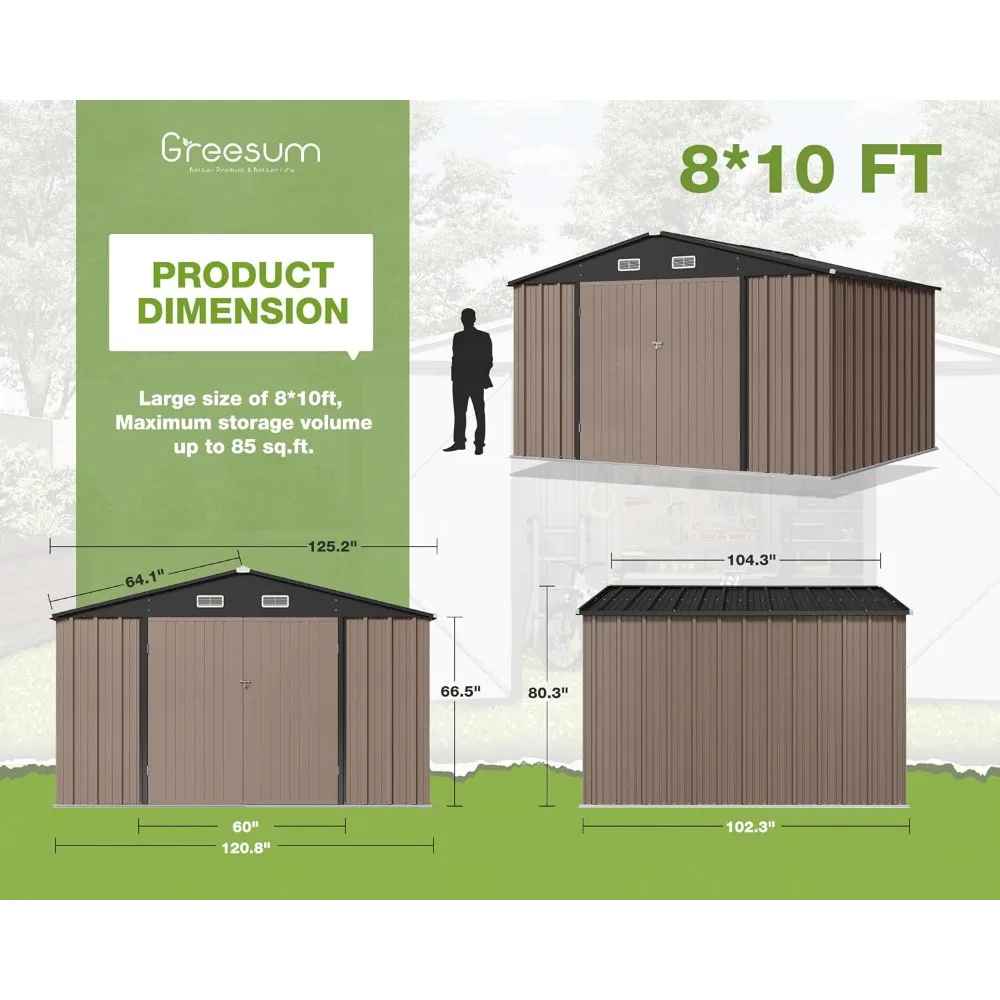 Metal Shed Storage House com porta e fechadura, Utility Tool, galpão ao ar livre, prateleiras de aço, 10ft x 8ft