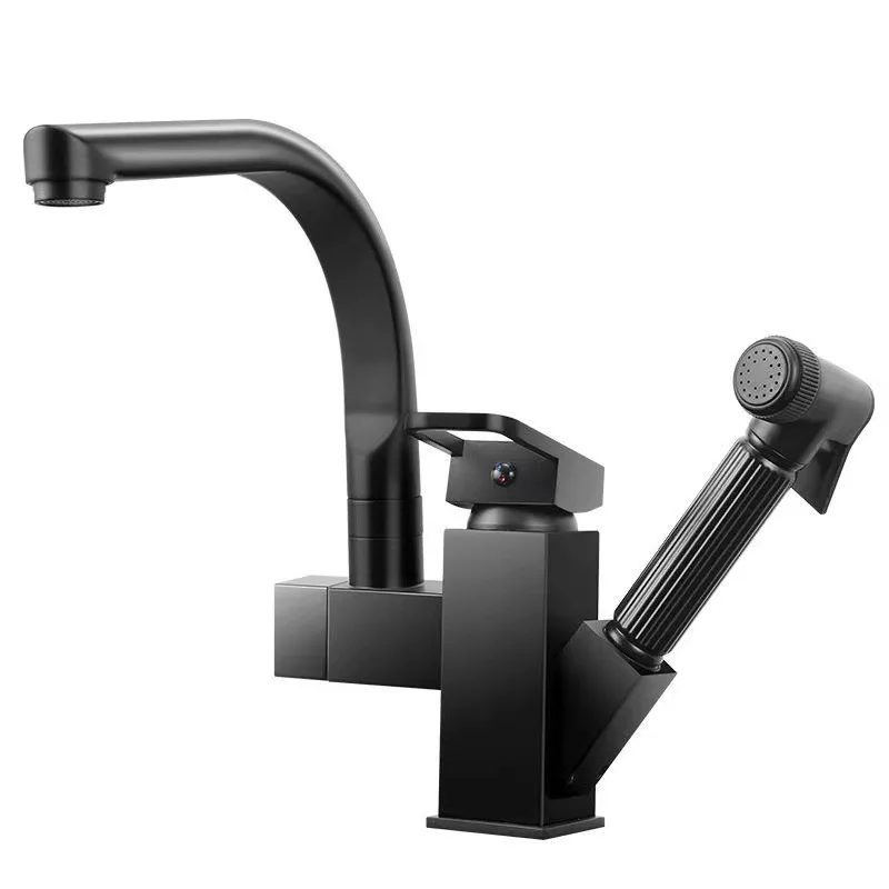 Kitchen Pull-out Multi-Function Faucet Rotatable Hot and Cold Pressurized Black Square Robot Faucet