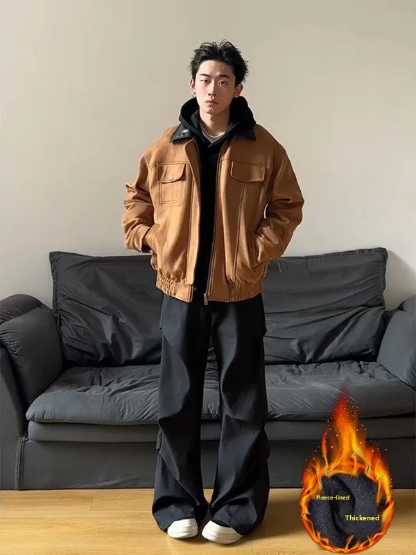 

Bla Pleated Flared Men's Autumn Winter Cleanfit High Waist Pants Fce Lined Straight Leg Wide Leg Workwear Trousers