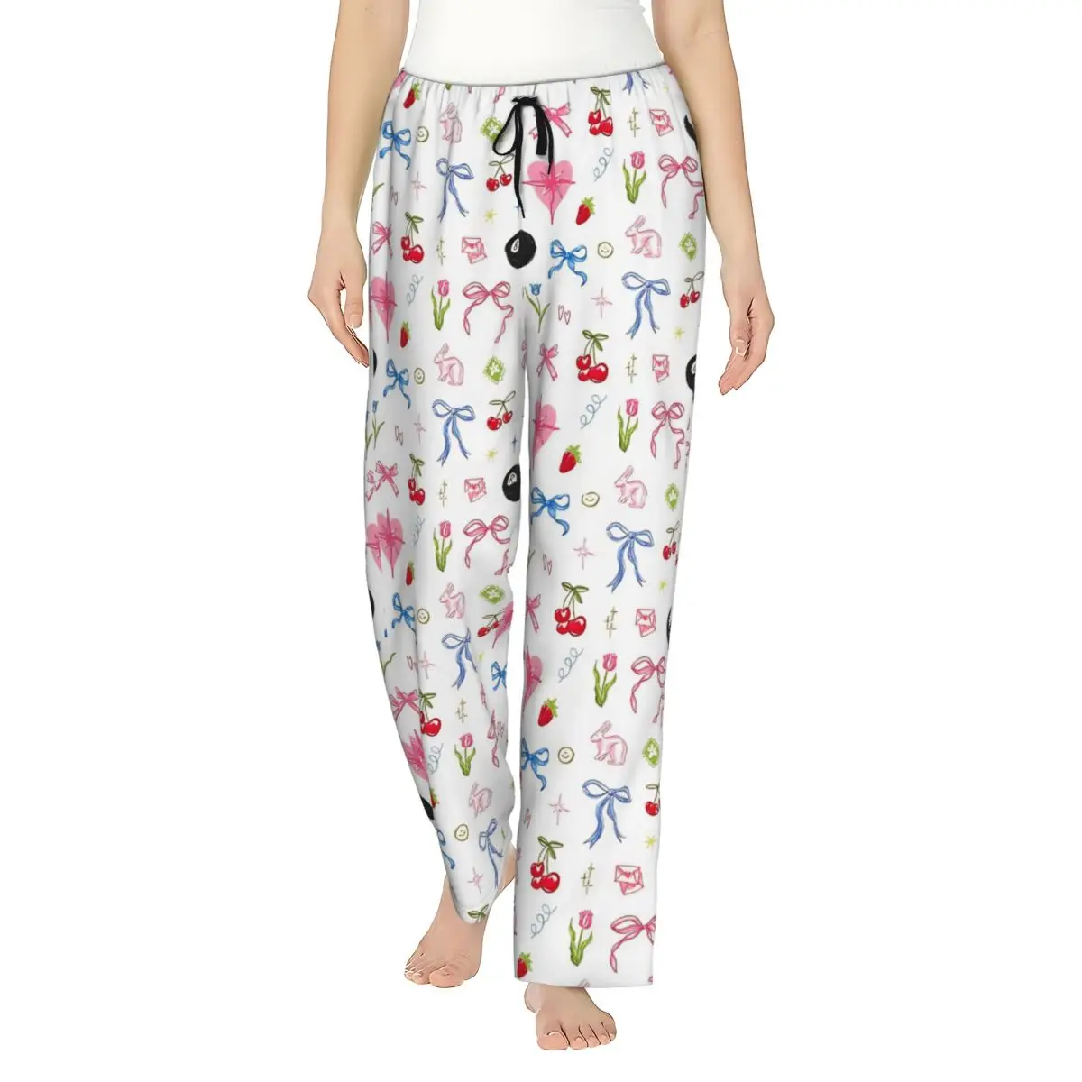Spring Bows Set Ladies Lounge Pants Comfy Pink Bow Cherry Pattern Pajama Pants Home Pajama Bottoms