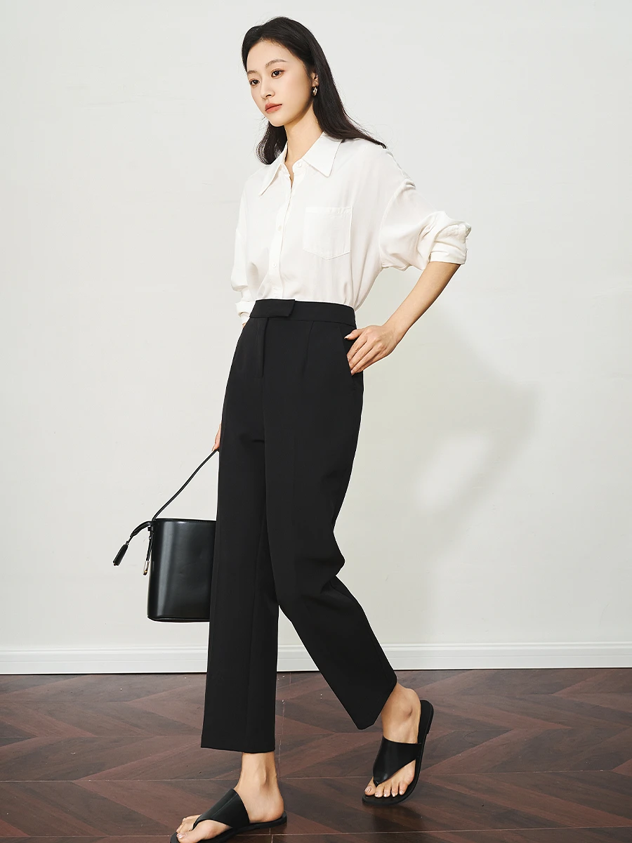 OLrain 2025 Autumn High Waist Office Pants Women Straight Wide-Leg Professional Trousers Elastic Comfort Slim Pants O57XK98838
