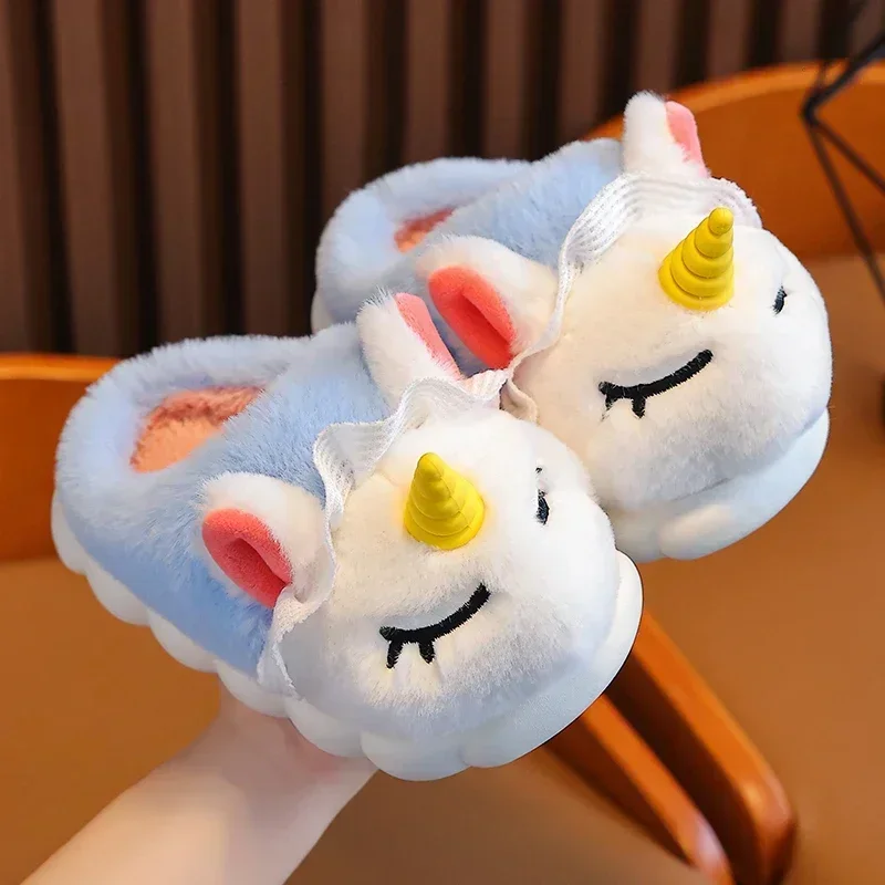 New Winter Kids Plush Slippers Cartoon Unicorn Children\'s Indoor Slides Non-Slip Soft Mule Girls Boys Warm House Cotton Shoes