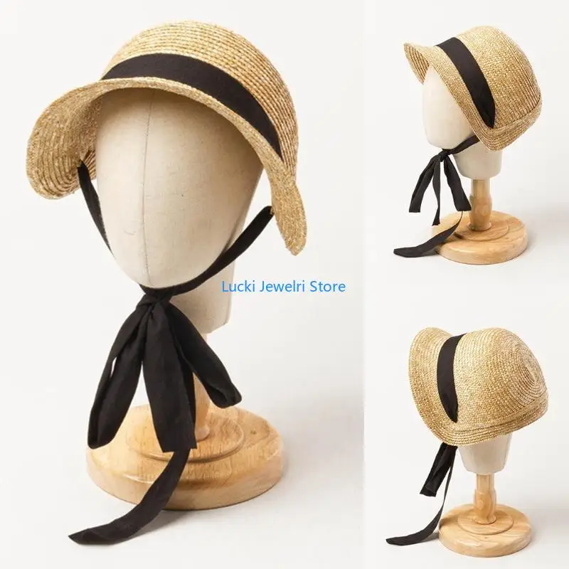 

193E Sun Hat for Children Outdoor Activities Chin Straps Adjust Straw Hat Girls Raffia Sun Cap Summer Beach Seashore