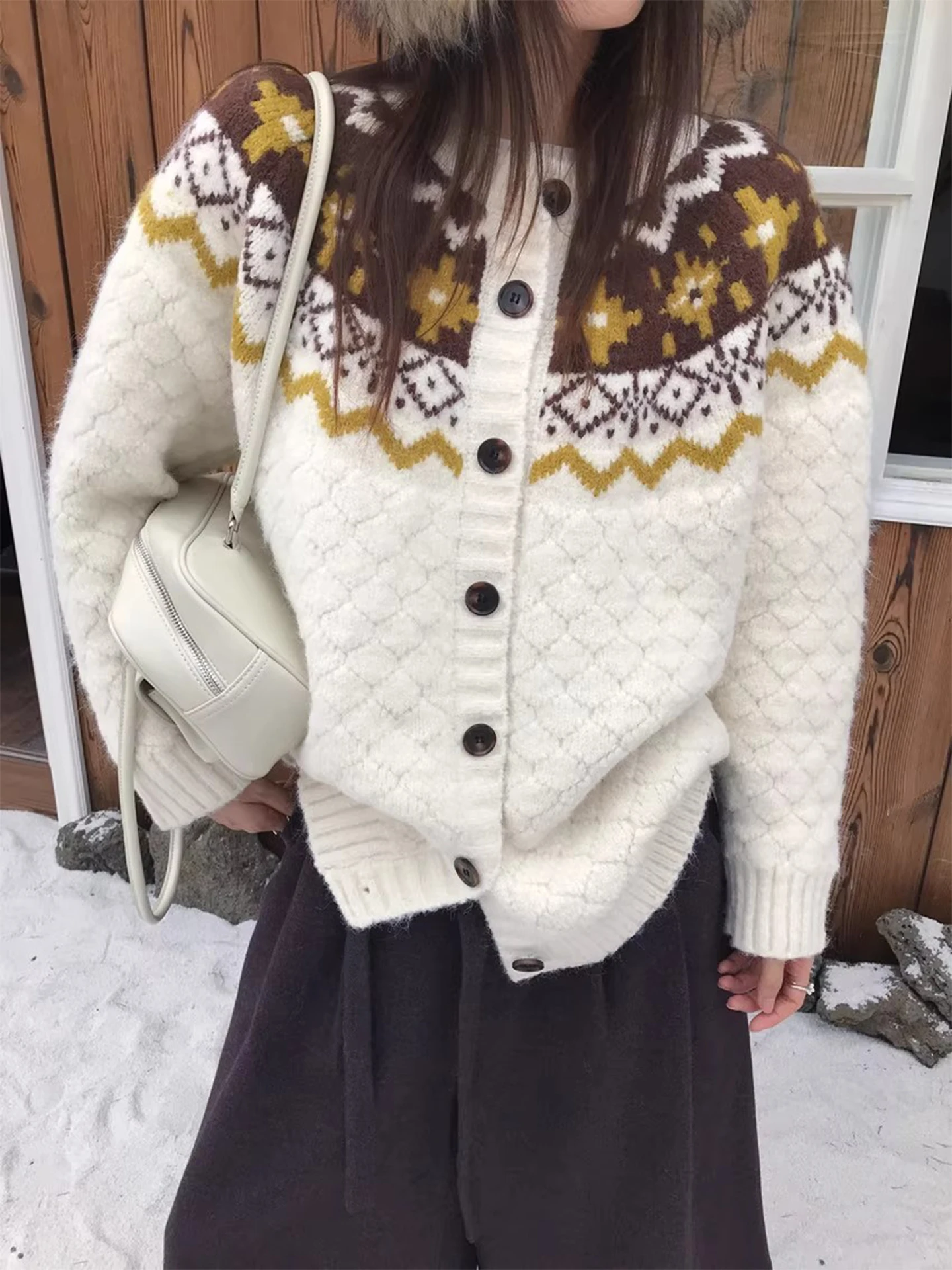 

Ретро Fair Isle Color Blo Pine Pattern Трикотаж Джет Женский зимний новый универсальный утягивающий длинный свитер Све
