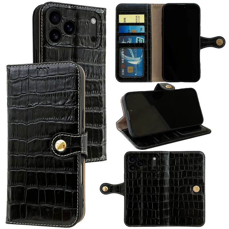 

Crocodile Genuine Leather Wallet Flip Case For iPhone 17 Pro Max 17 Air Magnetic Cowhide Card Slots Phone Holder Book Cover
