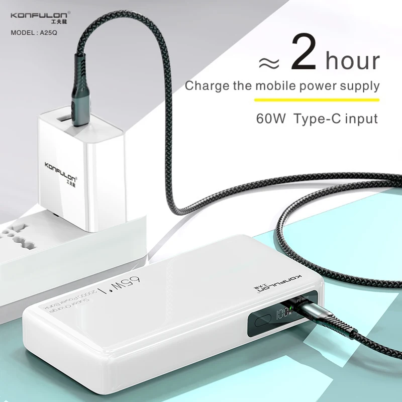 KONFULON Small Size PD 65W Power Bank 20000mAh Fast Charging External Battery Portable Be Suitable For iPhone Samsung Huawei Ect