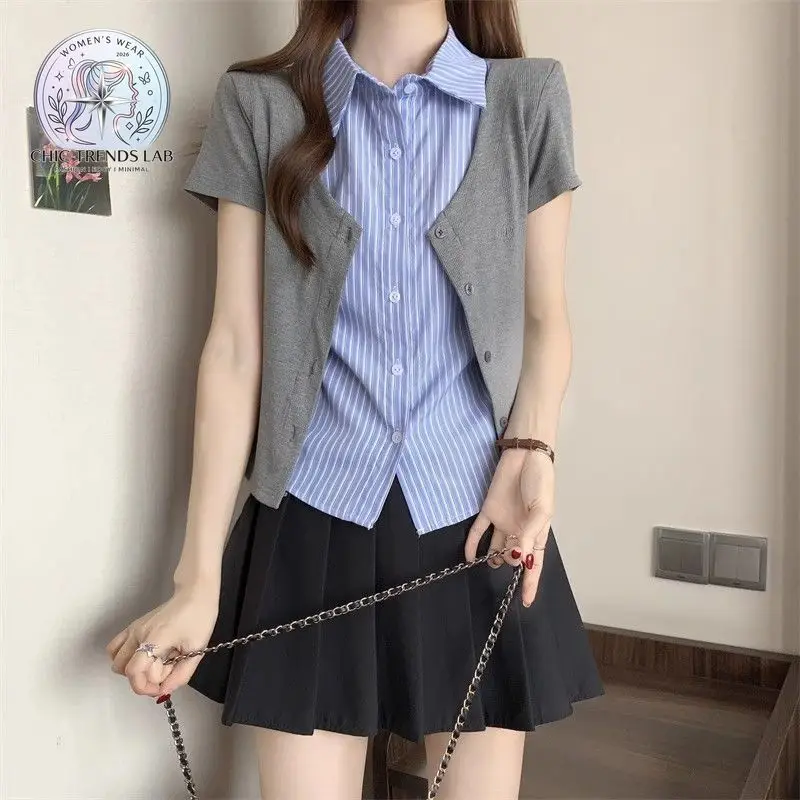 Women Fake Two Piece Striped Shirt Knit Cardigan Short Sleeve Preppy Blouse V-Neck Fake 2 Pieces Top Korean Fashion Summer Work