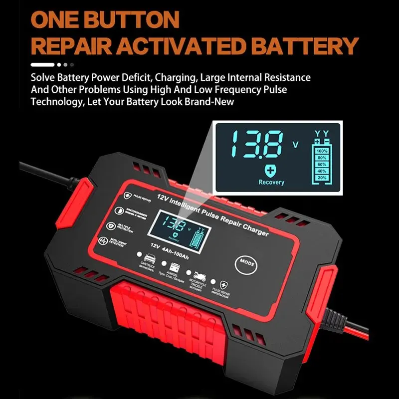 Cargador de batería para coche y motocicleta, pantalla Digital adecuada para baterías de plomo ácido, enchufe de la UE, protección inversa, 12V, 6A, 1 Juego