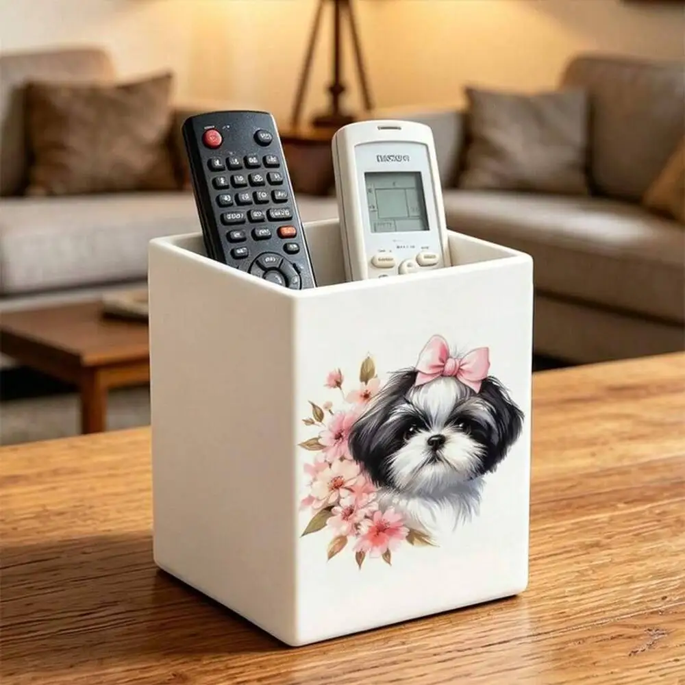 1-Piece Set, Cherry Blossom Shih Tzu Dog Design With Pink Bow, Multifunctional Box, Desktop Storage Container, Can Hold Makeup