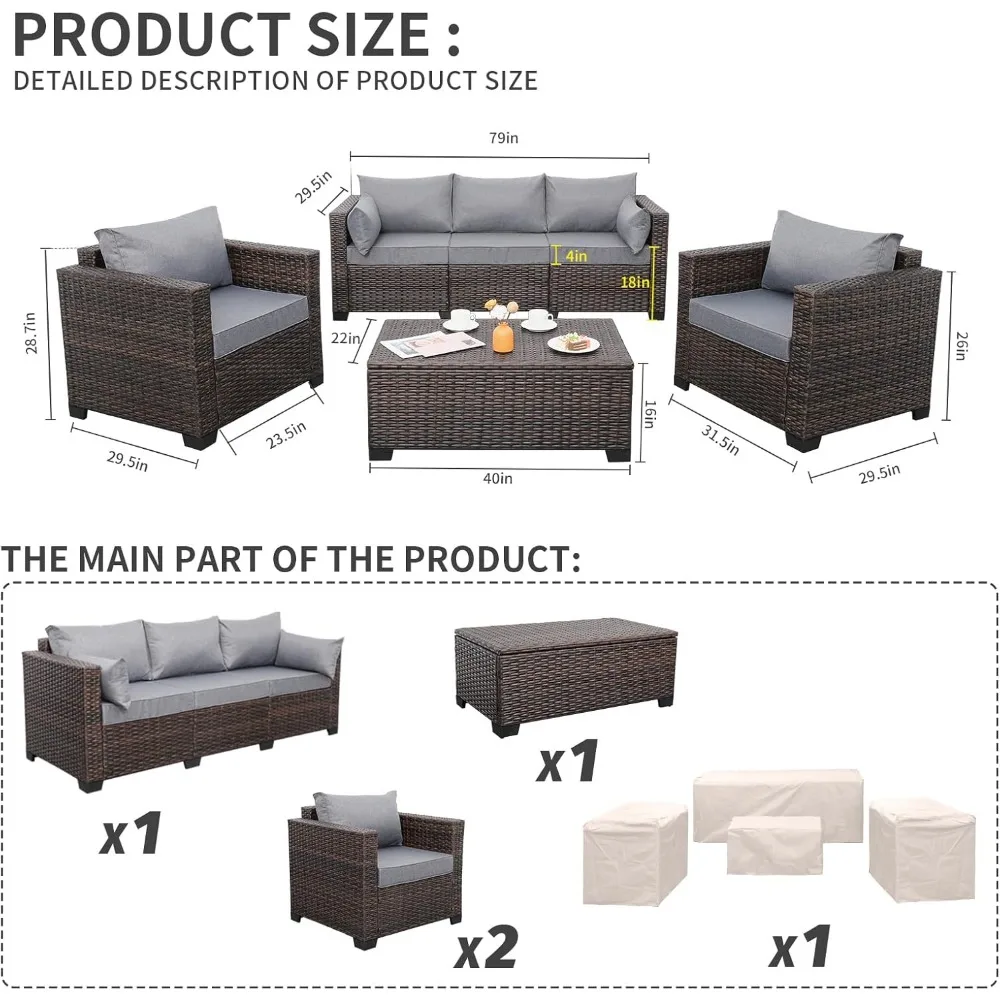 Patio Rattan Furniture Set 4-Piece Outdoor PE Wicker Conversation Couch, Brown Sectional Sofa Couch with Storage Coffee Table