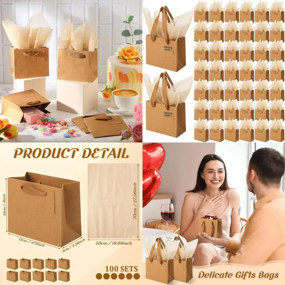 

100 упаковок мини-подарочных пакетов с цирковой бумагой и ручкой, подходящих для разных случаев - коричневый