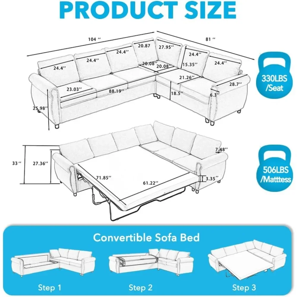 Sleeper Sofa Bed, Pull Out Couch with Mattress, 104'' 6 Seater Upholstery Sectional Couches, Modern Comfy L Shape Sofa Couch