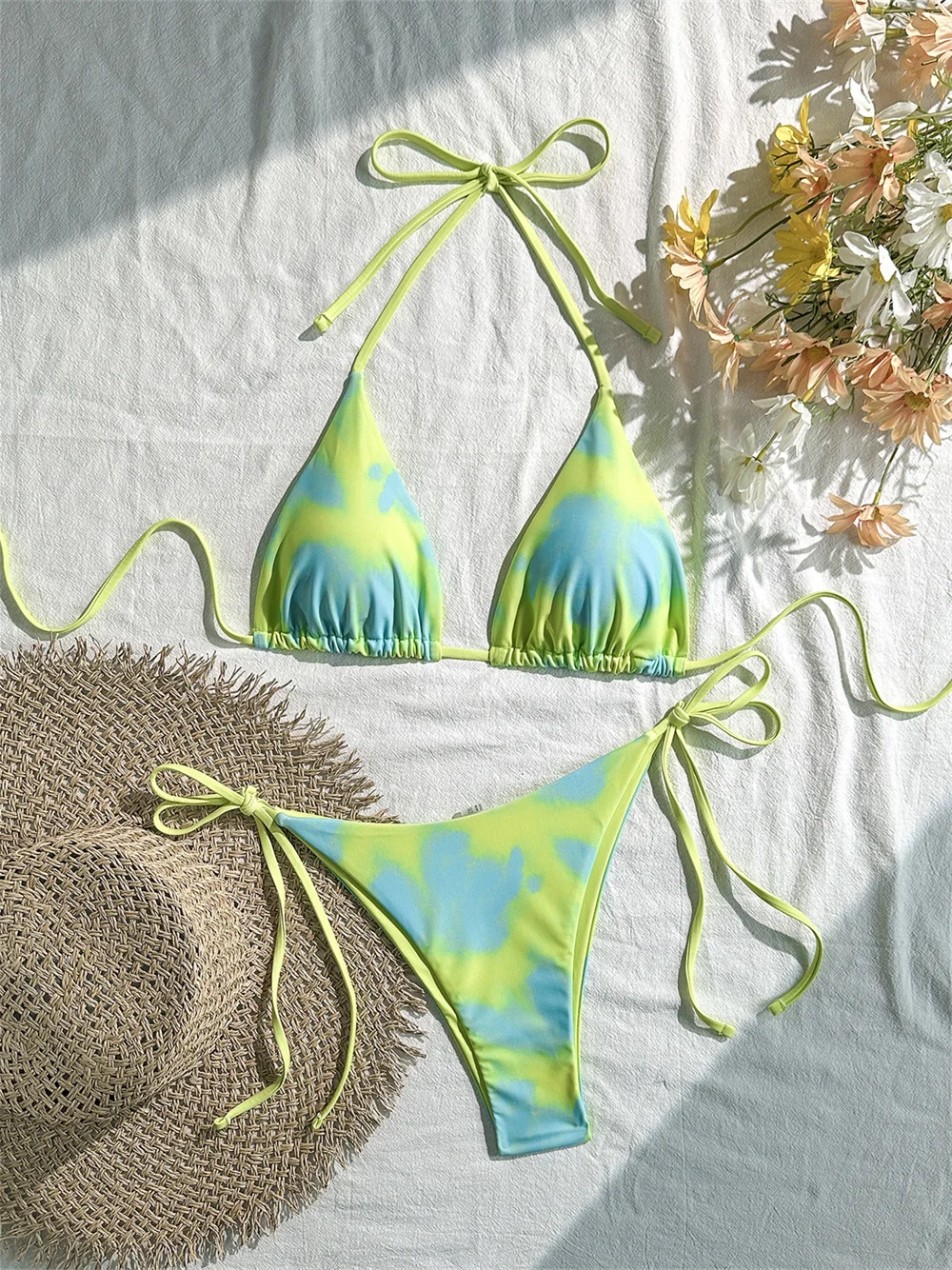 

Vintage Tie Dye Print Bikini Micro String Backless Swimsuit Women Contrast Color Vacation Swimwear Y2K Beach Outfit Bathing Suit