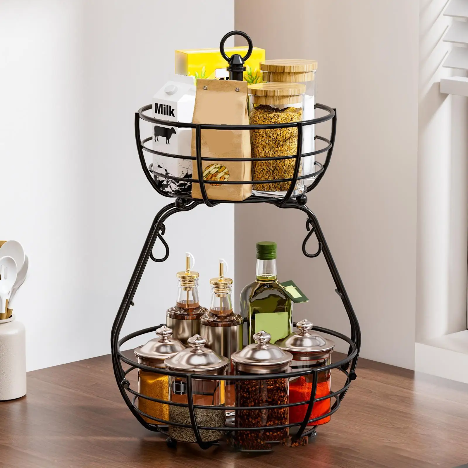 

2-уровневая корзина для фруктов, чаша, корзина для хранения фруктов и овощей, практичная для кухонной столешницы, съемный серверный металлический органайзер