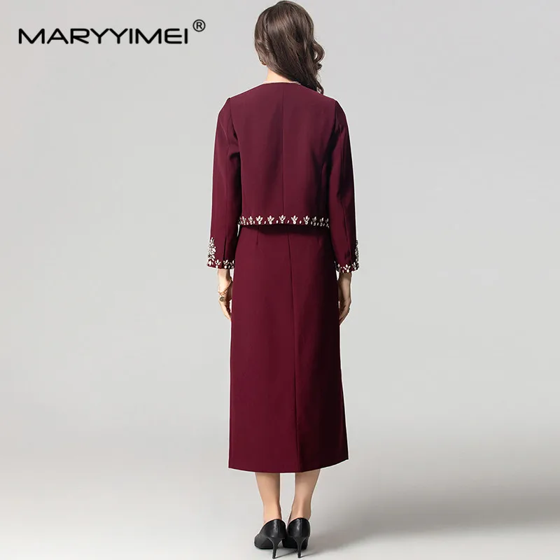 MARYYIMEI Autumn and Winter Women\'s Suit Long-Sleeved Pretty Crystal Beading Cardigan Tops+Straight Side Split Skirt 2 piece set