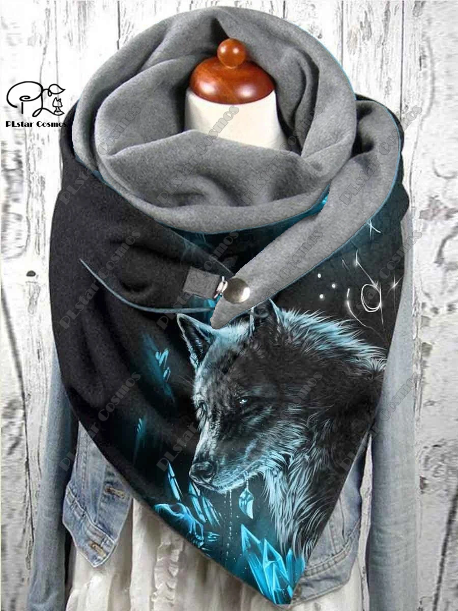 PLstar Cosmos 3D printed animal series cute wolf king pattern printed warm shawl scarf spring and winter large triangle scarf