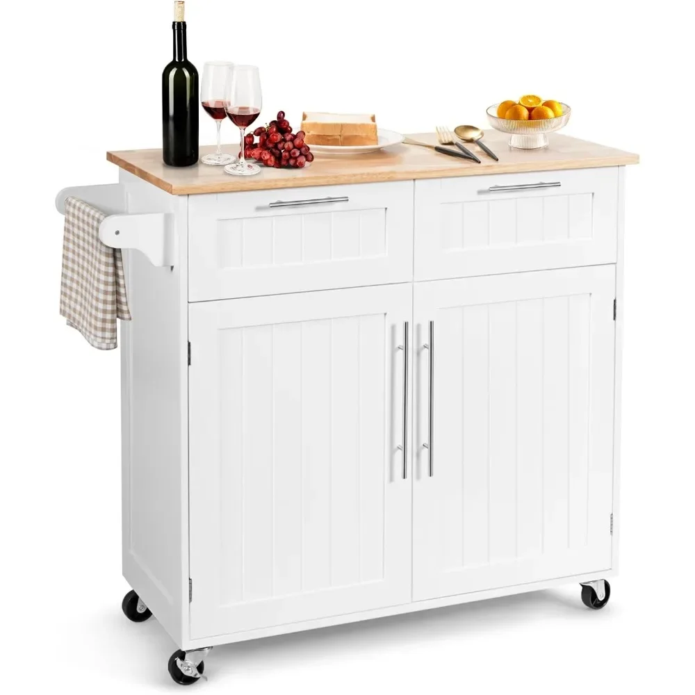 Kitchen Island with Storage, Mobile Kitchen Trolley Cart with Wheels, Rubber Wood Top, Adjustable Shelves, Towel Rack & Drawer