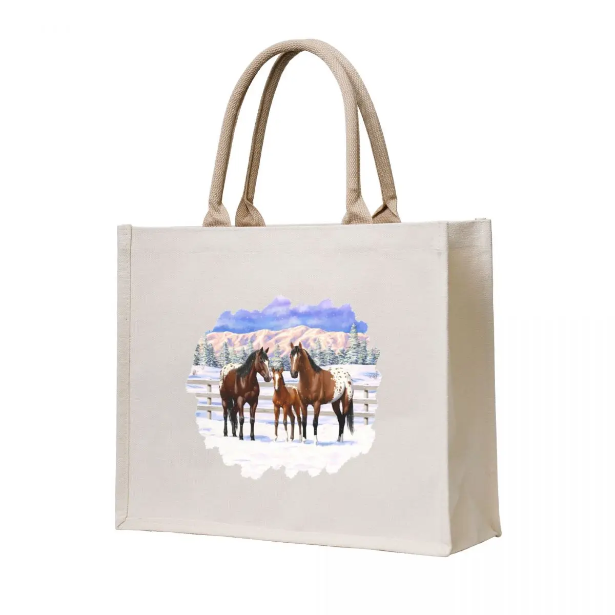 

Bay Appaloosa Quarter Horses In Winter Snow Tote Bag canvas tote bags Lady bag female bag tote bags men