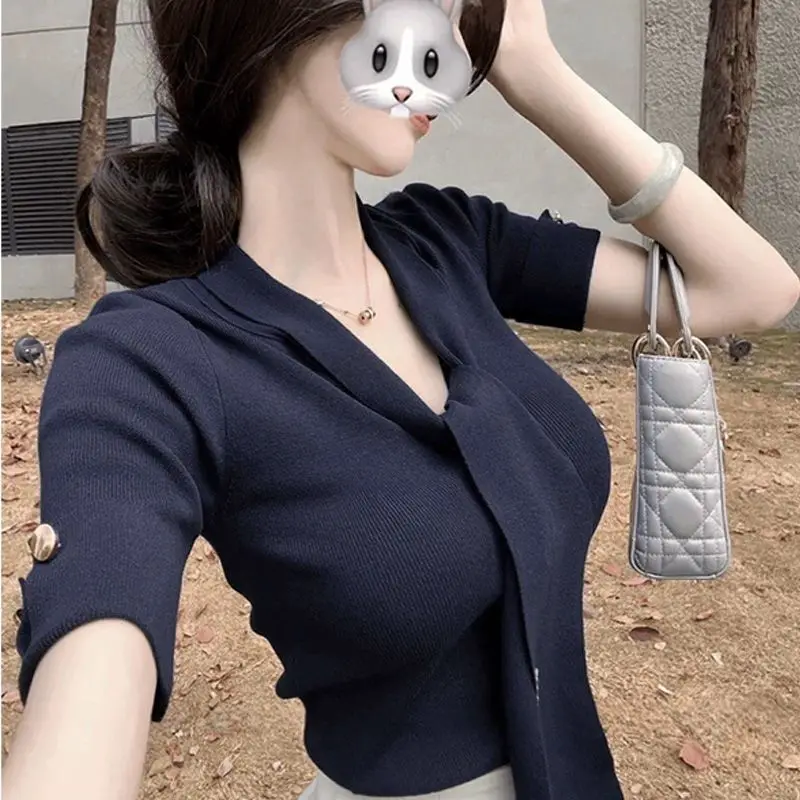 

Летняя облегающая трикотажная футболка ort Sve, женская футболка с завязкой на талии для девочек, V-Ne Design, чувственный топ Maturi Sle