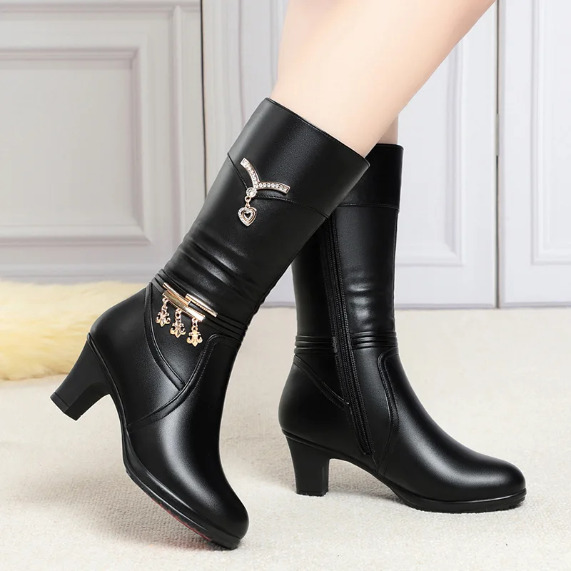 Botas médias de lã confortáveis para mulheres, novo estilo, salto grosso, zíper lateral, salto alto pontudo, moda elegante, outono e inverno