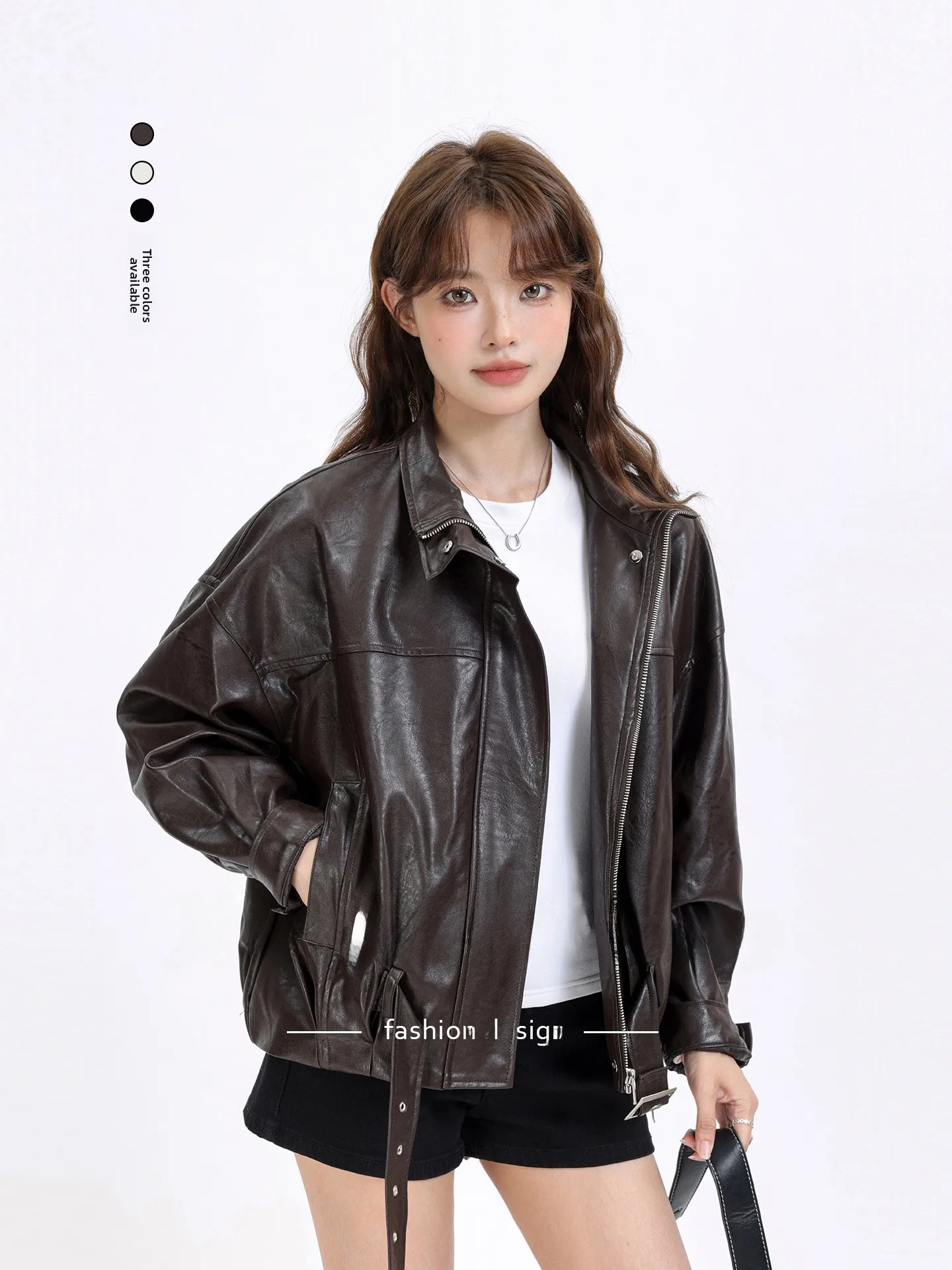 

Retro Brown PU Leather Jaet Classic Biker Sle Slimming Outerwear for Women Autumn Versatile Faionable Zipper Design