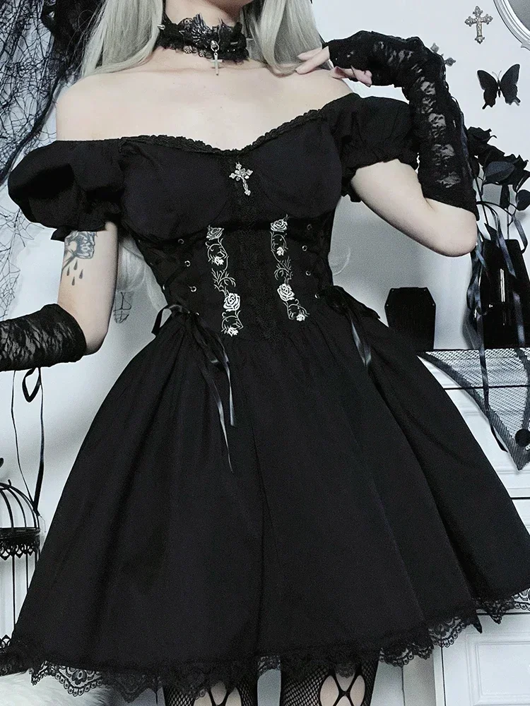 

Women Dark Harajuku Lace Up Cross Corset Dress Vintage Gothic Princess Dress Streetwear Partywear Lolita Dress Female