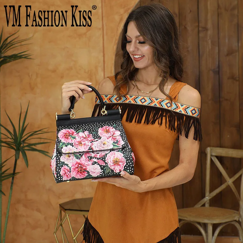 

VM FASHION KISS Ladies Top Metal Frame Handbag Latest Printed Pattern Handbag Wallet Set Shoulder Crossbody Bag Half Cover Type