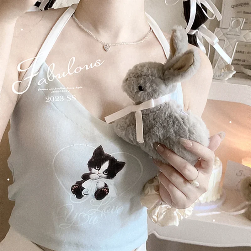 Y2k Crop Top for Sweet Girls Cute Tops Women Summer 2023 Cotton Camis Cat Print Lolita Style Cropped Kawaii Clothes