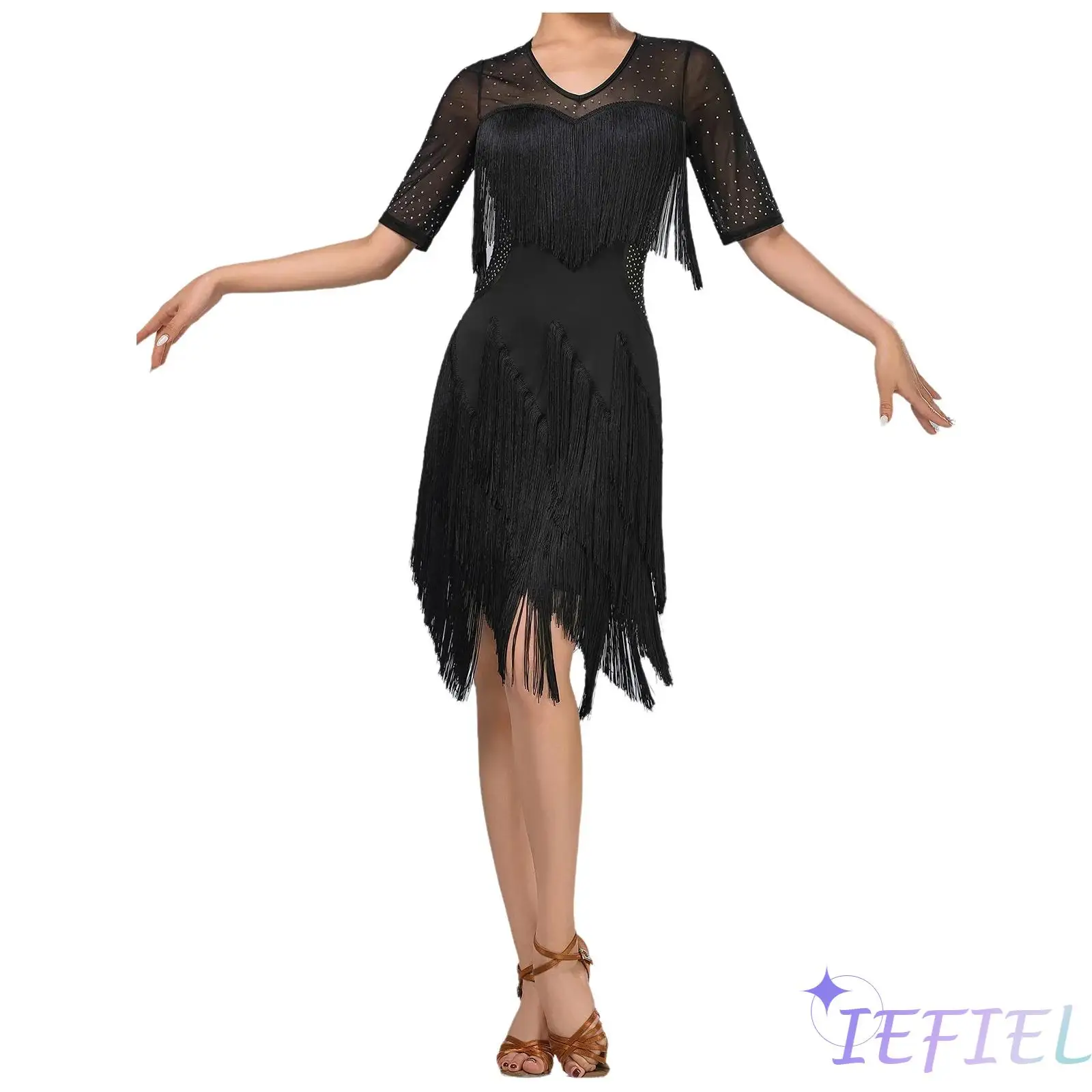 

Women Latin Tango Tassel Dress Glittery Rhinestone Mesh Patchwork Short Sleeve Irregular Hem Fringe Dress for Chacha Rumba Samba