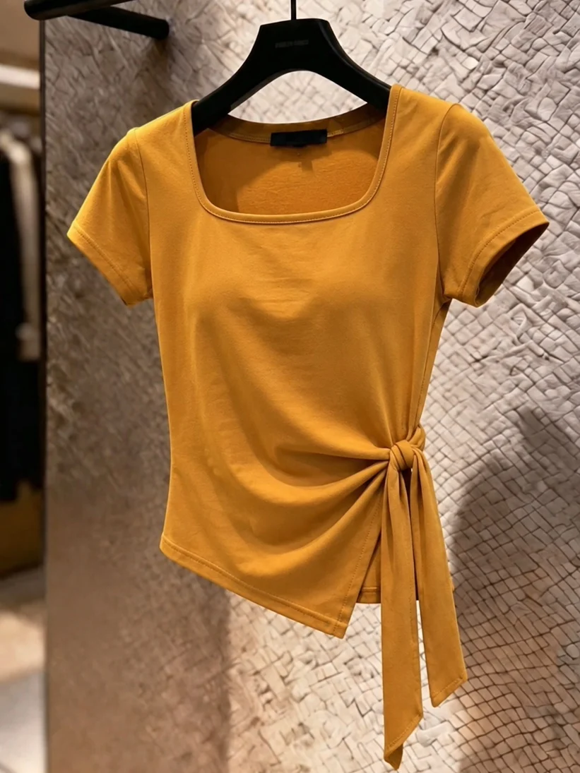 

Korean Style Tie Waist Short Sleeve T-Shirt Women's Slim Fit Commute Top Fashionable Summer 2026 Poetic Lin Brand