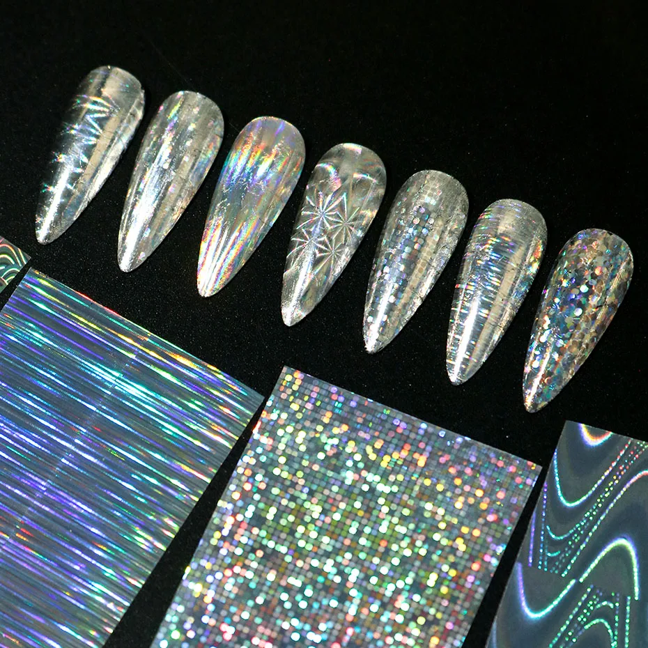 26 Stück Laser-Holographische Nagelfolien Aurora Irisierend Geometrische Streifen Transferaufkleber Metallspiegel Y2K Maniküre-Aufkleber – Detail 5