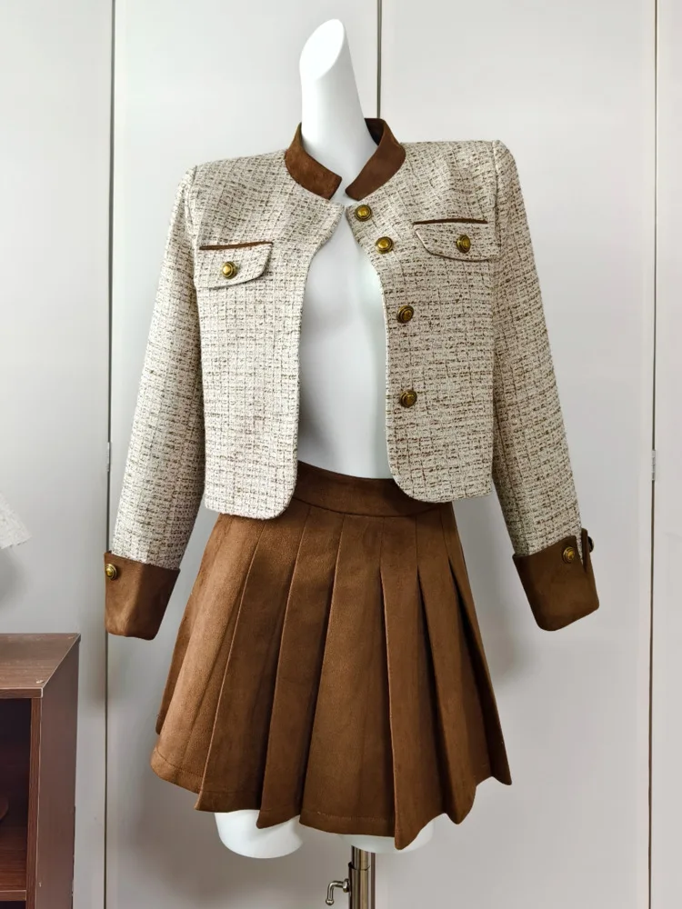 2024 New French Stand Collar Contrast Color Short Coat Pleated Skirt Two-piece Chic Women Patchwork Clothing Small Fragrant Set