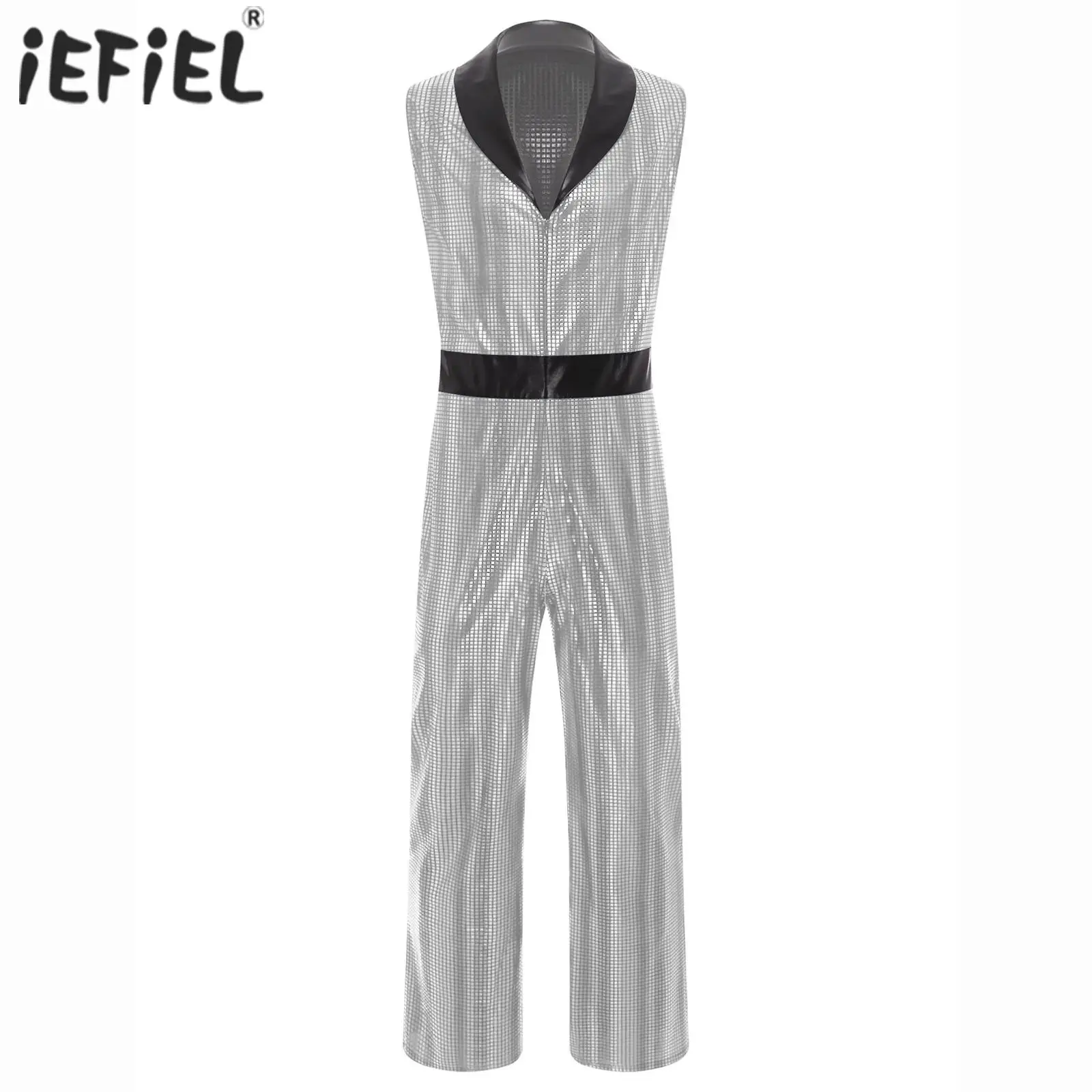 

Mens 70s Pole Dance Retro 1920s Disco Jumpsuit Stage Costume Metallic Shiny Plaid Romper Lapel V Neck Wide Leg Bodysuit Clubwear