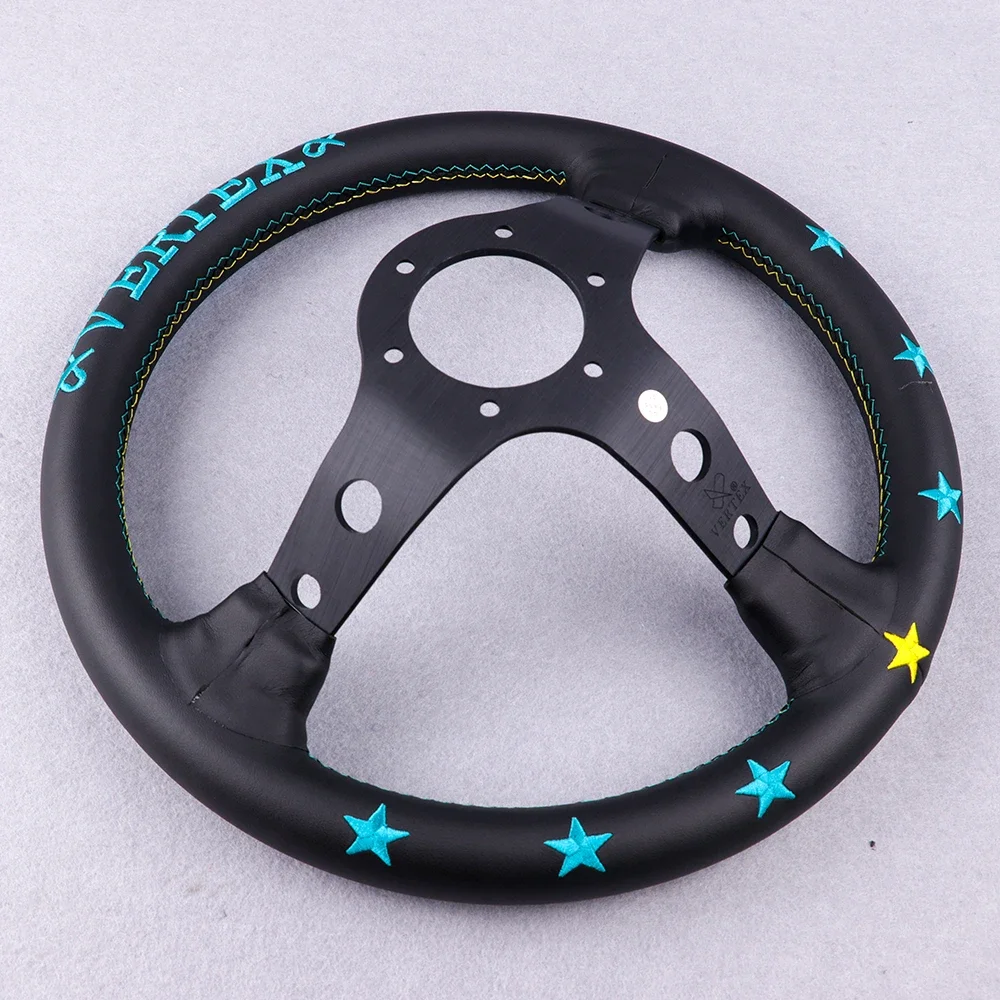 Embroidery 13inch Vertex Black Genuine Leather Deep Dish Drift Sport Steering Wheel