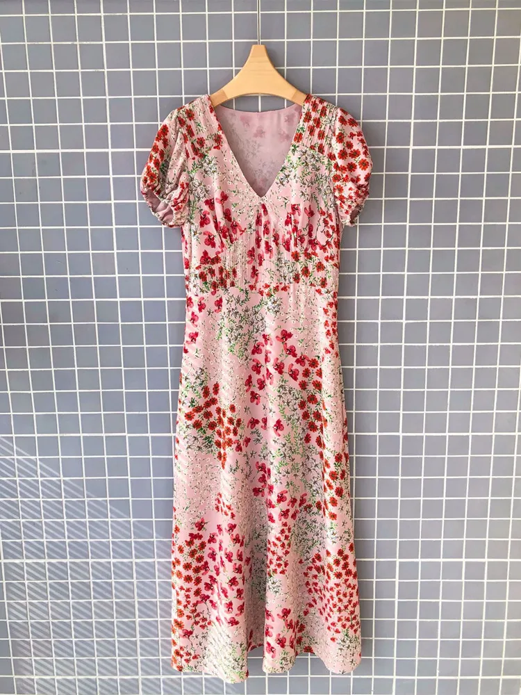 

2024 Summer Women 100% Viscose Robes High Waist Pink Floral Printed Ladies V-Neck Midi-Calf Dress