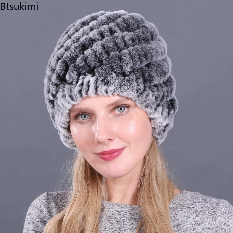 

Women's Winter Keep Warm Real Rex Rabbit Fur Hat Soft Coldproof Faux Fur Beanie Hat Warm Striped Knitted Plush Fur Skullies Cap