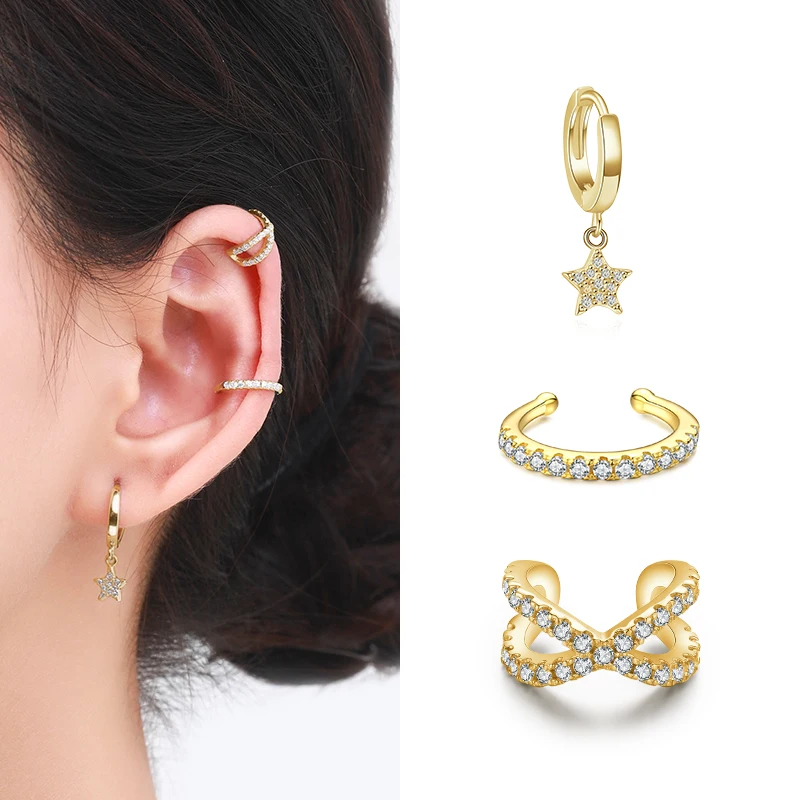 YANLOK Cool Girl Ear Cuff 925 Sterling Silver Geometric Rainbow Crystal C-Shape Single Clips Earring for Women Jewelry Bijoux - view 2