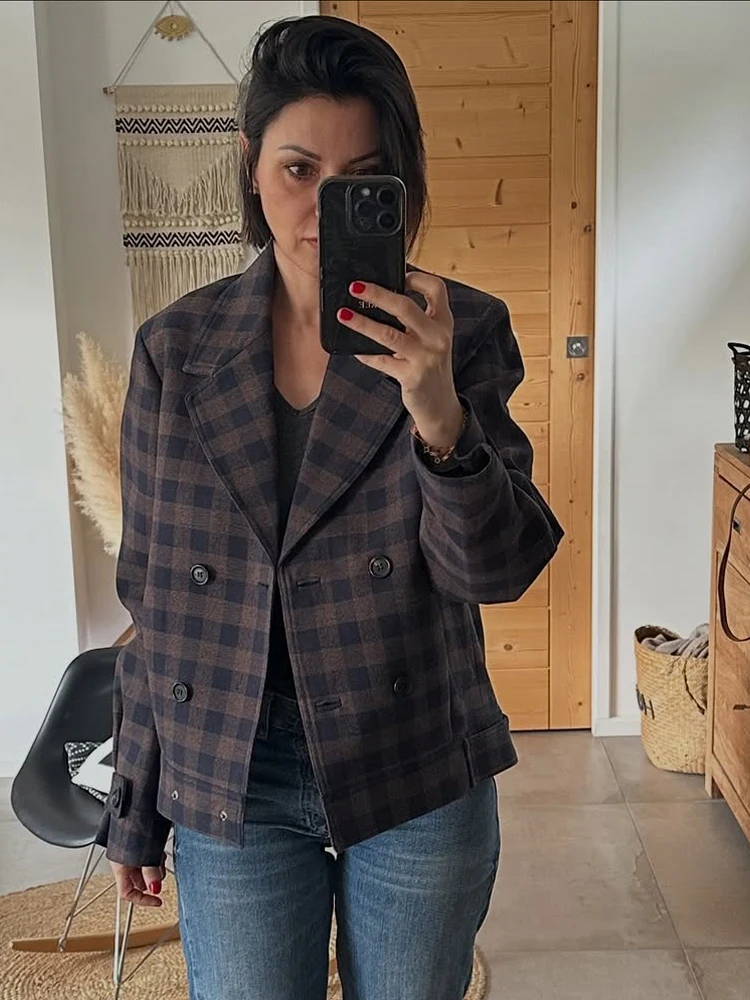 Plaid Blazer Notched Lapel Button Front Long Sleeve Cropped Loose Fit Office Commute Fall 2026 Winter Casual Wool Blend Jackets