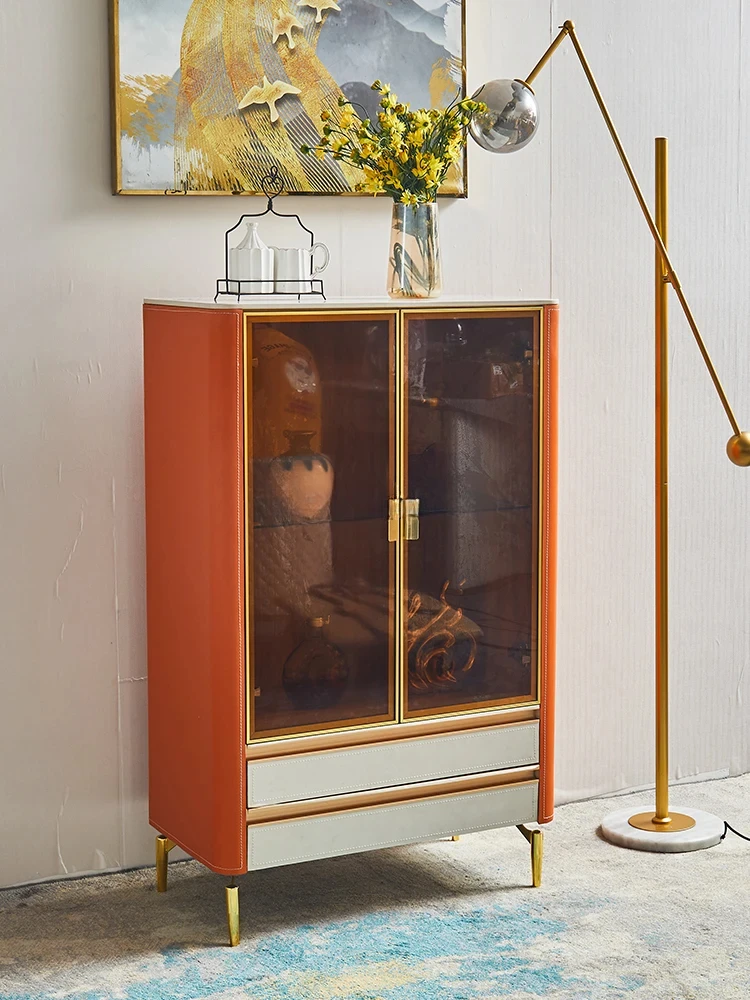 

High-End Saddle Leather Wine Cabinet Living Room Small Apartment Storage Display Cabinet Made of Glass