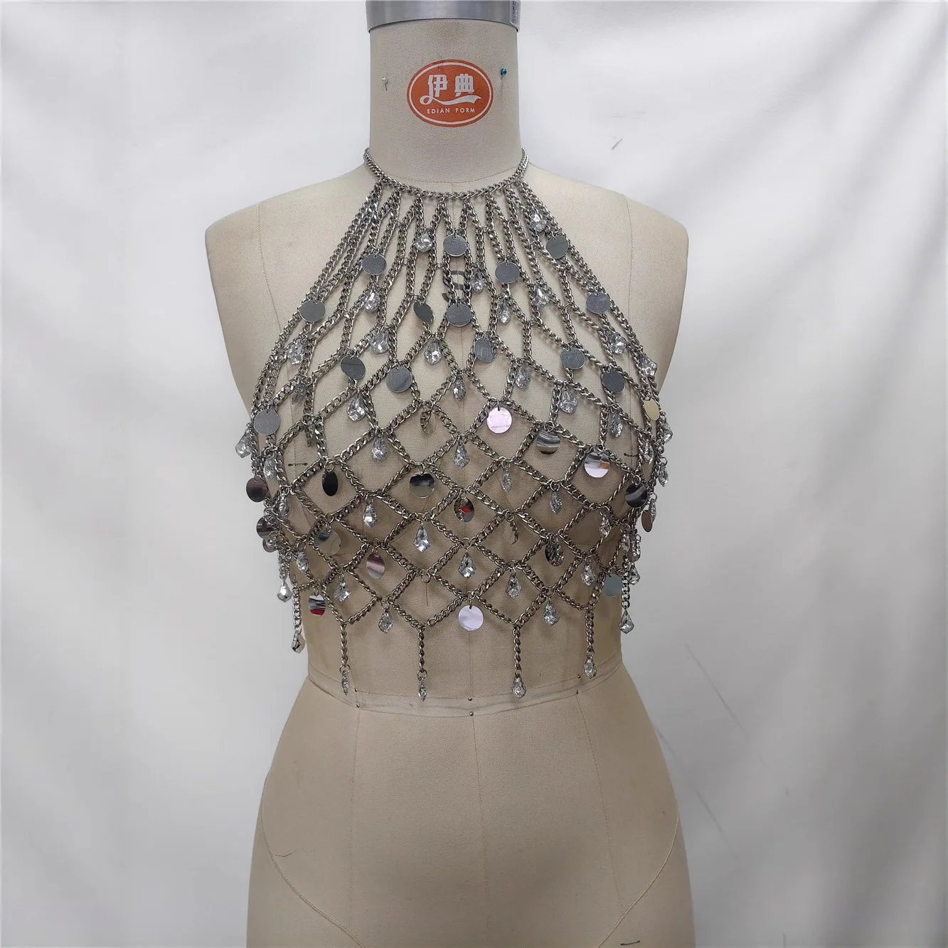 

New European & American Style Metal Lace-Up Sequined Sheer Top Beaded Unique Lace-Up Corset Body Chain