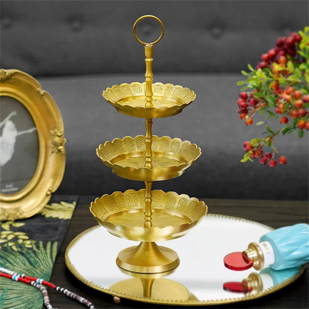Vintage Carved Brass Storage Tray Home Decoration Storage Three-Layer Tray Luxurious Party Fruit Jewelry Snack Storage Tray