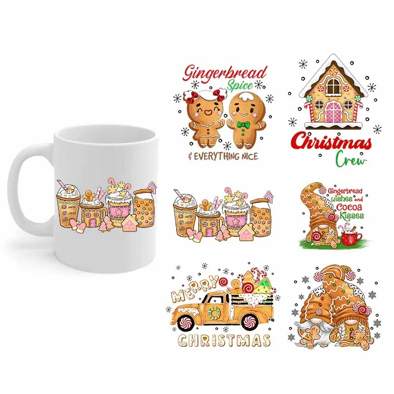 6Sheets UV DTF Christmas Cup Wraps Cup  Gingerbread Man Series Design 3D Waterproof Transfer Sticker Mug Glass Cup